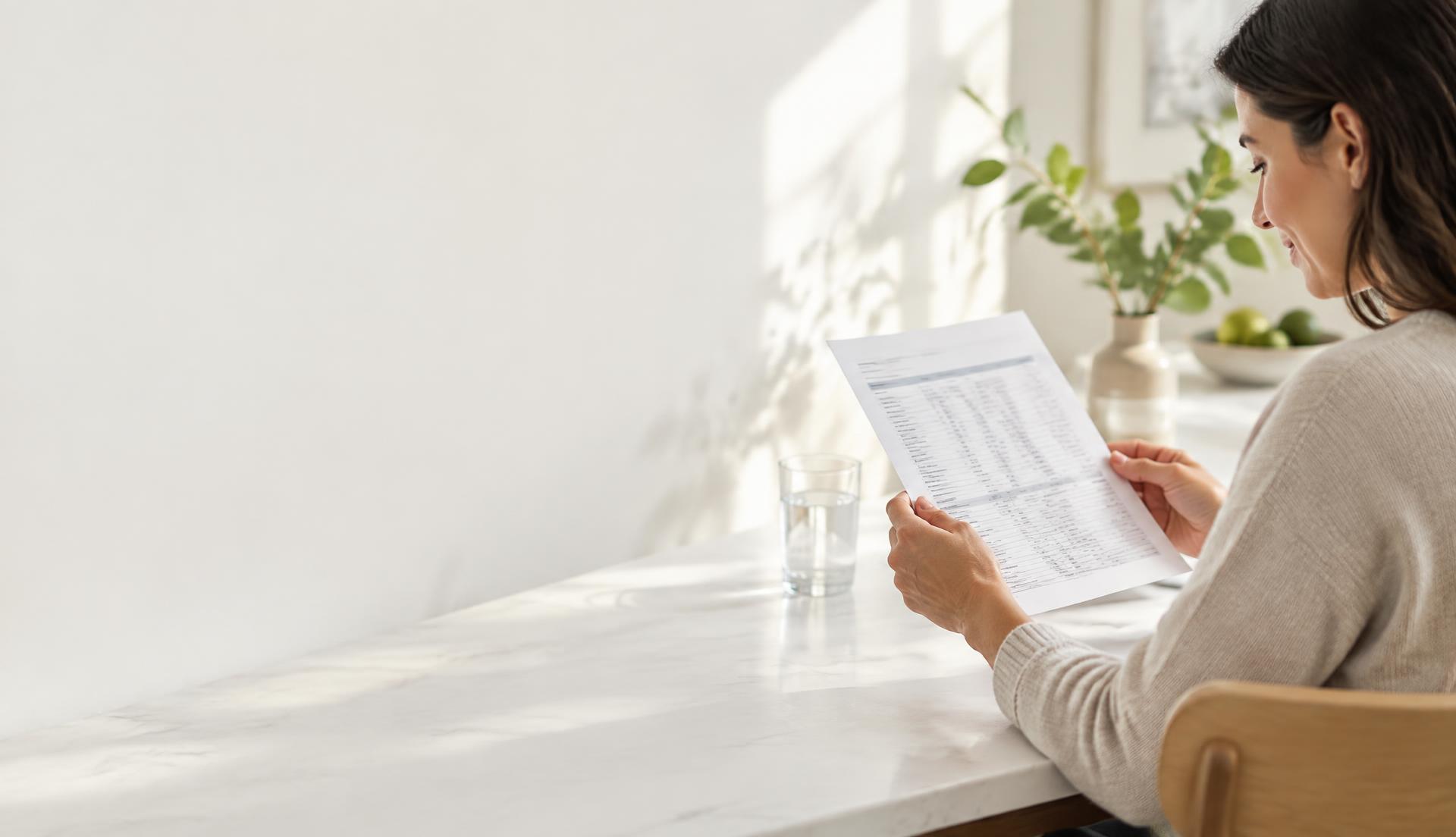 Person reviewing a paper lab report at home